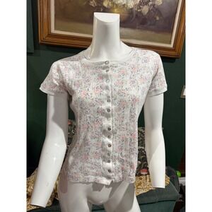 Hunt Club Petite Floral Ribbed Short Sleeve Cardigan Button Front Top Small